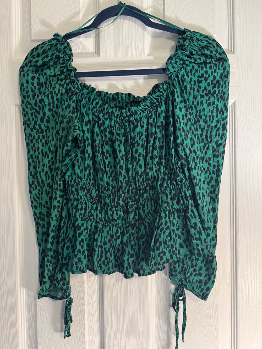Topshop Green Animal-Print Smocked Peasant Blouse